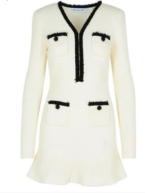 Self-Portrait Cream Knit Mini Dress with Black Tweed Trim